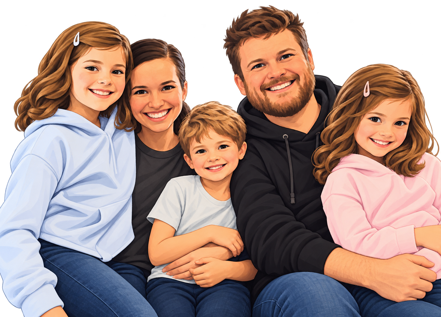 Illustrated portrait of Ty with his wife, twin daughters, and son